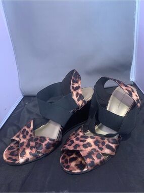 Predictions Leopard Print Wedge Sandals with Black Elastic Cross Straps
